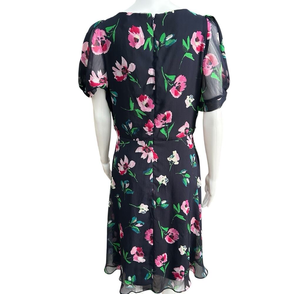 DKNY Navy Blue Floral Chiffon Wrap V-Neck Midi Dress Size 10 Preppy Professional - Picture 3 of 11